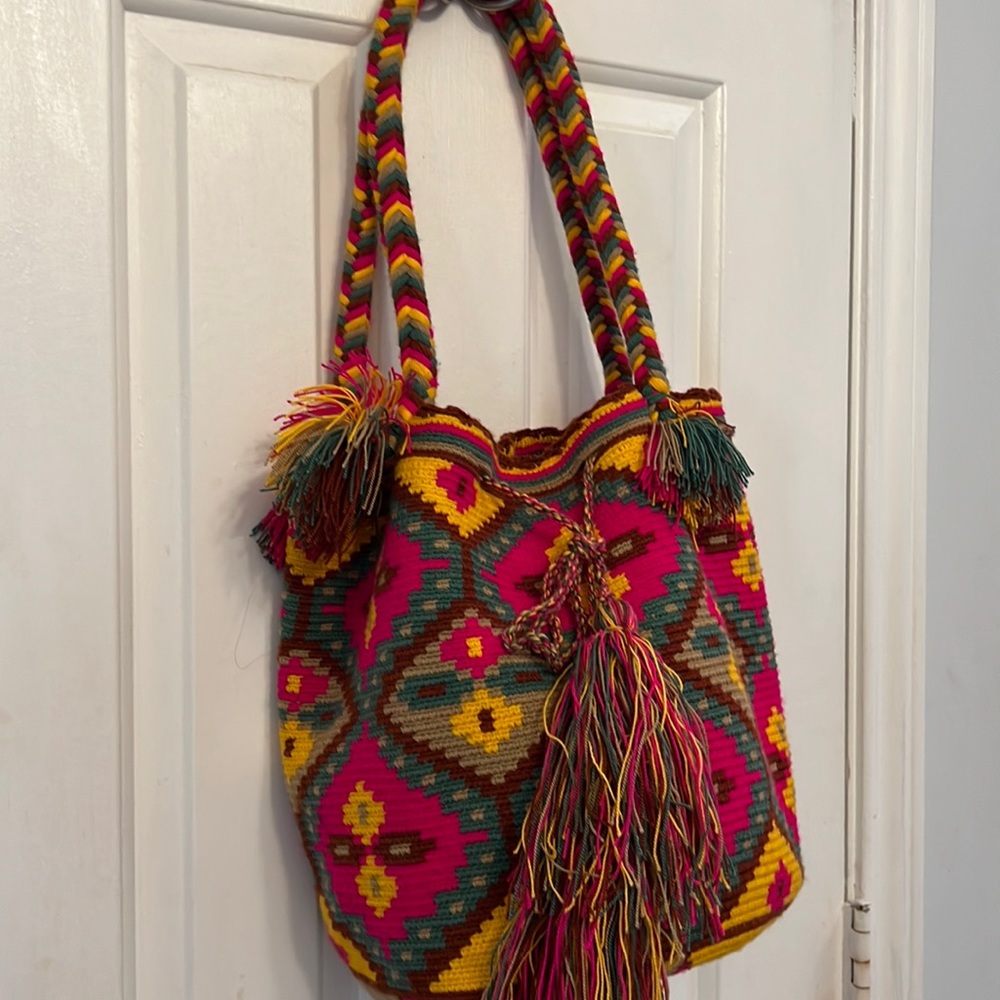 Multicolor Guatemalan woven bucket tote.